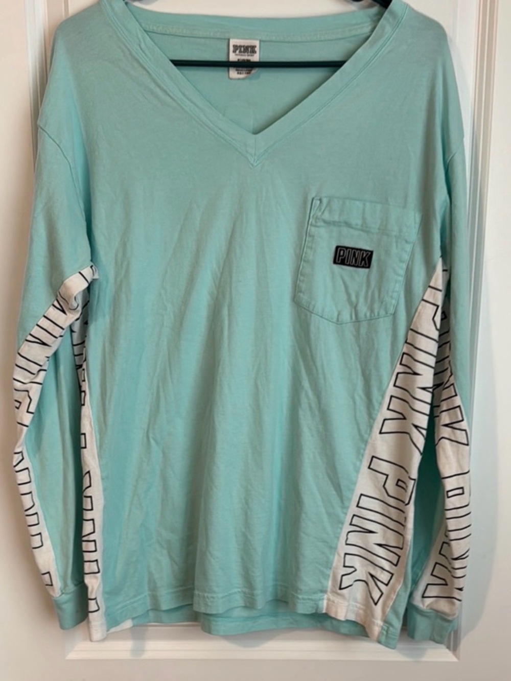 PINK Victoria's Secret Mint Long Sleeve V-Neck Pocket Tee with Graphic Sleeves